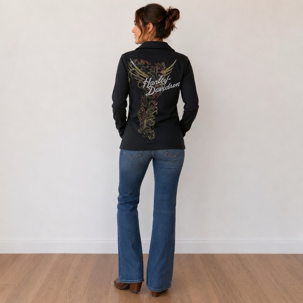 Harley Davidson Sweatshirt Women M Black Full Zip Double Side Graphic Rhinestone - Picture 10 of 10